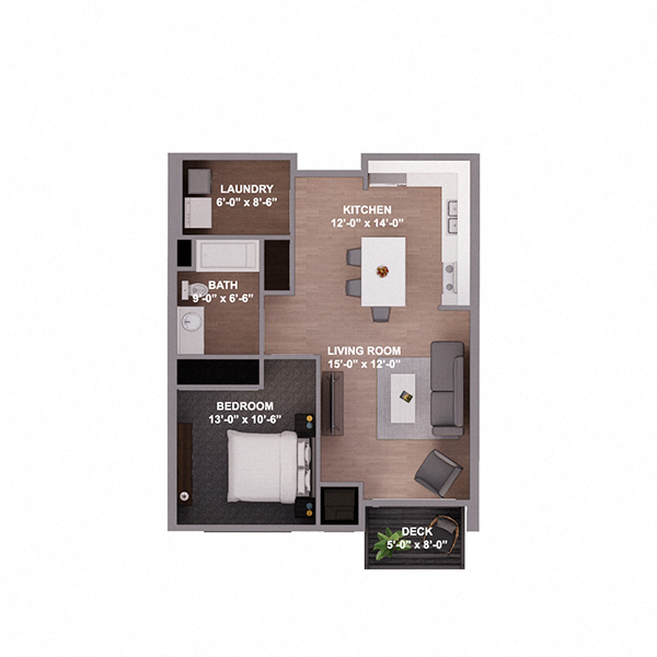 Floor plan for 1 bed, 1 bath, 805 sqft